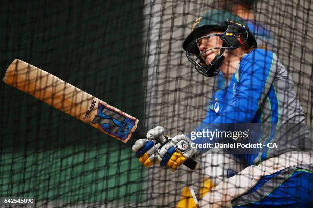 Alex Blackwell hits the ball during a Southern Stars training session at Melbourne Cricket Ground on February 18, 2017 in Melbourne, Australia.