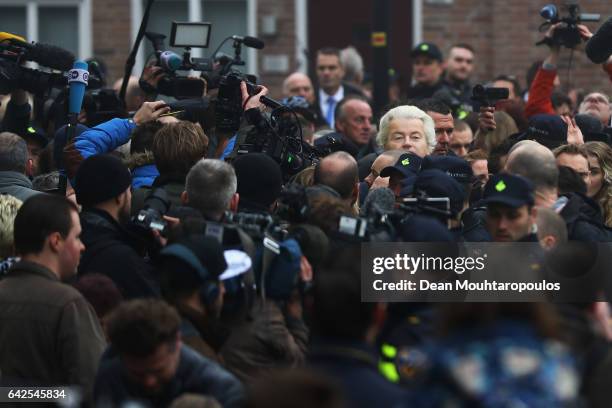 Candidate, Geert Wilders speaks to the crowd, the media and shakes hands with supporters as he kicks off his election campaign near the Dorpskerk on...