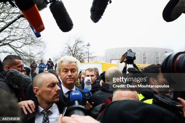 Candidate, Geert Wilders speaks to the crowd, the media and shakes hands with supporters as he kicks off his election campaign near the Dorpskerk on...