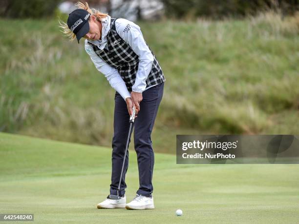 Belen Mozo of Spain on the 1st tee during round three of the ISPS Handa Women's Australian Open at Royal Adelaide Golf Club on February 18, 2017 in...