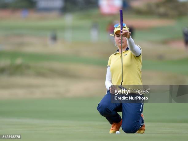 Charley Hull of England on the 1st green during round three of the ISPS Handa Women's Australian Open at Royal Adelaide Golf Club on February 18,...