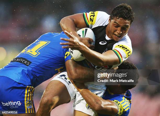 Te Maire Martin of the Panthers is tackled during the NRL Trial match between the Penrith Panthers and Parramatta Eels at Pepper Stadium on February...