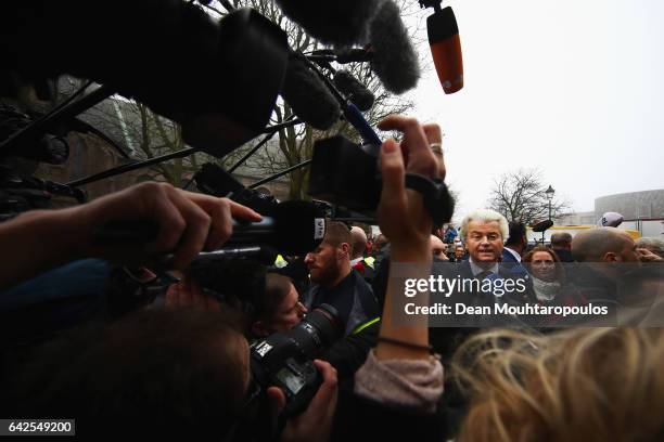 Candidate, Geert Wilders speaks to the crowd, the media and shakes hands with supporters as he kicks off his election campaign near the Dorpskerk on...