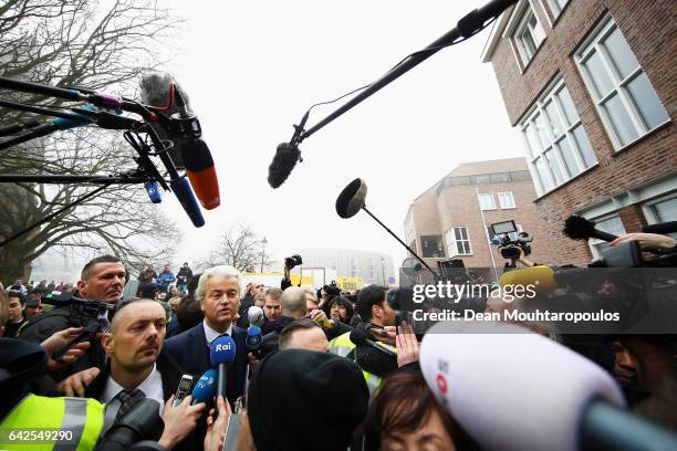 Candidate, Geert Wilders speaks to the crowd, the media and shakes hands with supporters as he kicks off his election campaign near the Dorpskerk on...