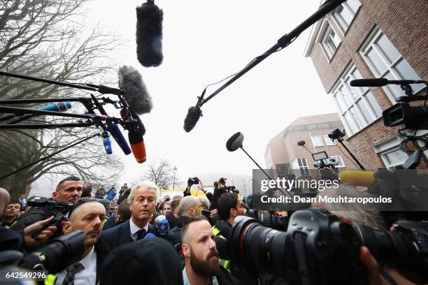 Candidate, Geert Wilders speaks to the crowd, the media and shakes hands with supporters as he kicks off his election campaign near the Dorpskerk on...