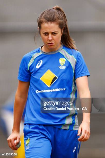 Molly Strano prepares to bowl during a Southern Stars training session at Melbourne Cricket Ground on February 18, 2017 in Melbourne, Australia.
