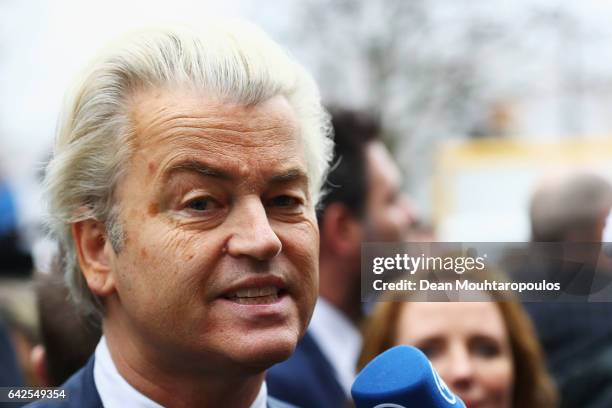 Candidate, Geert Wilders speaks to the crowd, the media and shakes hands with supporters as he kicks off his election campaign near the Dorpskerk on...