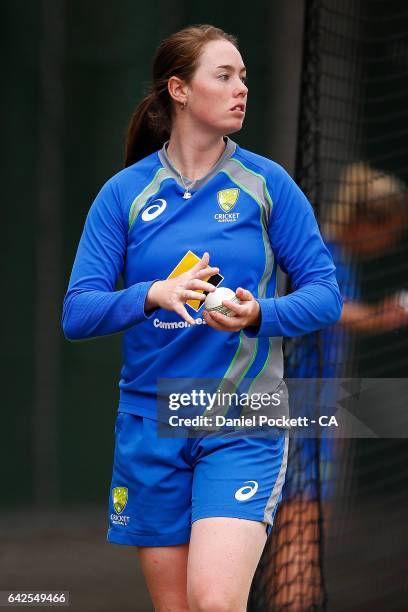 Amanda-Jade Wellington prepares tobowl during a Southern Stars training session at Melbourne Cricket Ground on February 18, 2017 in Melbourne,...