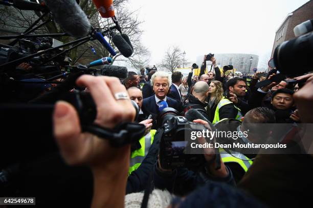 Candidate, Geert Wilders speaks to the crowd, the media and shakes hands with supporters as he kicks off his election campaign near the Dorpskerk on...