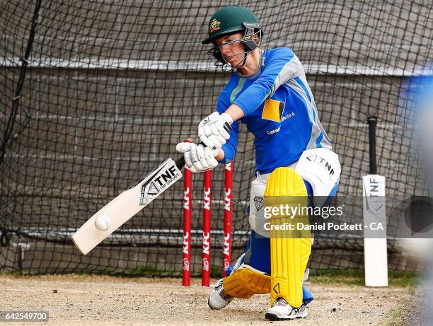 Ellyse Villani hits the ball during a Southern Stars training session at Melbourne Cricket Ground on February 18, 2017 in Melbourne, Australia.