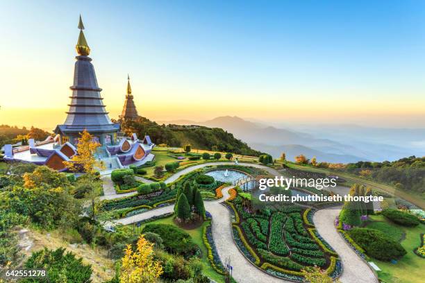 landscape of two pagoda at the inthanon mountain at sunset, chiang mai, thailand. - thailand fotografías e imágenes de stock