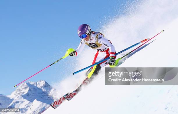Michaela Kirchgasser of Austria competes in the Women's Slalom during the FIS Alpine World Ski Championships on February 18, 2017 in St Moritz,...