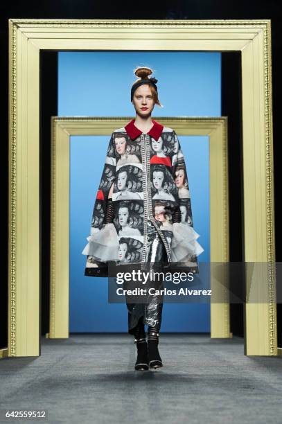 Model walks the runway at the Miguel Marinero show during the Mercedes-Benz Madrid Fashion Week Autumn/Winter 2017/2018 on February 18, 2017 in...