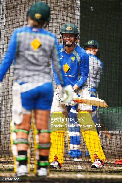 Jess Jonassen prepares to bat during a Southern Stars training session at Melbourne Cricket Ground on February 18, 2017 in Melbourne, Australia.