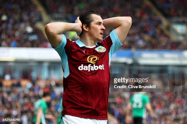 Joey Barton of Burnley reacts during The Emirates FA Cup Fifth Round match between Burnley and Lincoln City at Turf Moor on February 18, 2017 in...