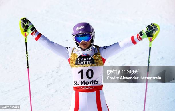 Michaela Kirchgasser of Austria reacts in the Women's Slalom during the FIS Alpine World Ski Championships on February 18, 2017 in St Moritz,...