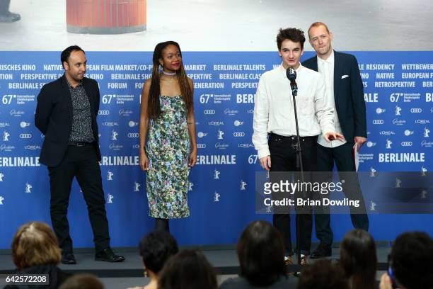 Award winner Gabriel Abrantes speaks next to the Shorts jury Carlos Nunez , Kimberly Drew and Christian Jankowski at the awards of the Independent...