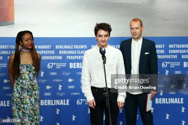 Award winner Gabriel Abrantes speaks next to the Shorts jury Kimberly Drew and Christian Jankowski at the awards of the Independent Juries press...