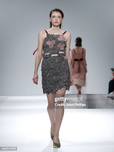 Model walks the runway at the Sabinna show at Fashion Scout during the London Fashion Week February 2017 collections on February 18, 2017 in London,...