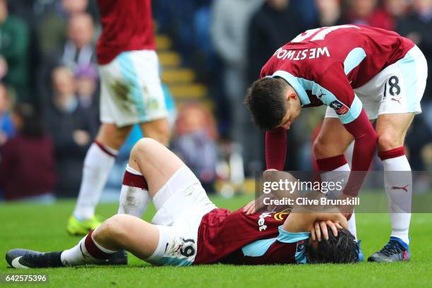 Joey Barton of Burnley holds his head during The Emirates FA Cup Fifth Round match between Burnley and Lincoln City at Turf Moor on February 18, 2017...