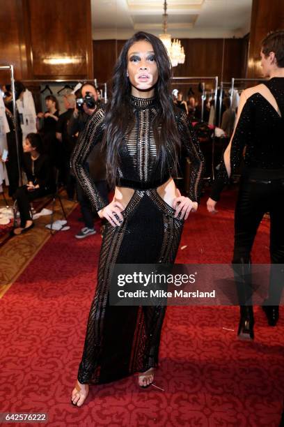 Model Winnie Harlow poses backstage at the Julien Macdonald show during the London Fashion Week February 2017 collections on February 18, 2017 in...