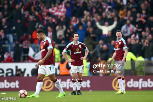 Joey Barton of Burnley and Michael Keane of Burnley are dejected after Lincoln City score during The Emirates FA Cup Fifth Round match between...