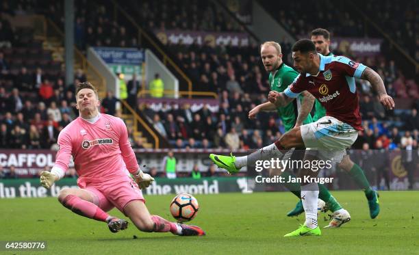 Paul Farman of Lincoln City saves a shot from Andre Gray of Burnley during The Emirates FA Cup Fifth Round match between Burnley and Lincoln City at...