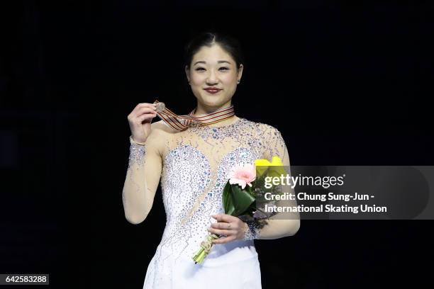 Third place winner Mirai Nagasu of United States pose on the podium after the medals ceremony of the Ladies skating during ISU Four Continents Figure...