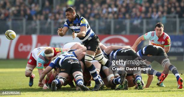 Toby Faletau of Bath passes the ball during the Aviva Premiership match between Bath Rugby and Harlequins at the Recreation Ground on February 18,...