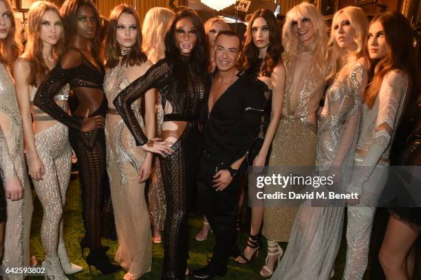 Winnie Harlow, Julien Macdonald and models pose backstage ahead of the Julien Macdonald show during the London Fashion Week February 2017 collections...