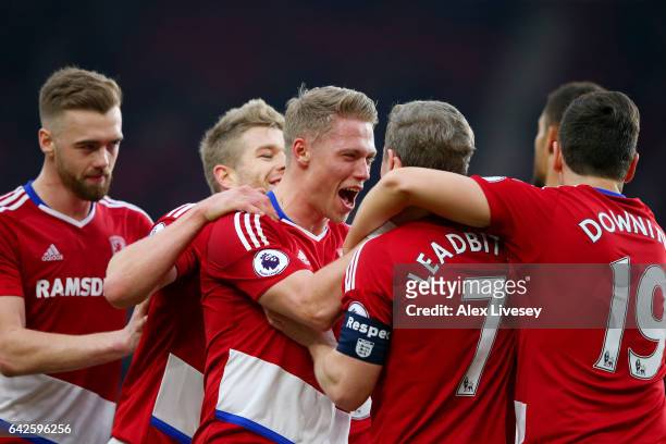 Grant Leadbitter of Middlesbrough celebrates scoring his sides first goal with his Middlesbrough team mates during The Emirates FA Cup Fifth Round...