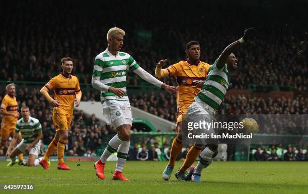 Moussa Dembele of Celtic wins a penalty during the Ladbrokes Scottish Premiership match between Celtic and Motherwell at Celtic Park on February 18,...