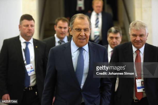 Russian minister of foreign affairs Sergey Lavrov arrives for a four-lateral meeting at the 2017 Munich Security Conference on February 18, 2017 in...