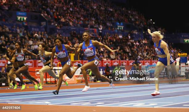 Christina Manning of the United States crosses the line to win the Womens 60 metres hurdles final during the Muller Indoor Grand Prix 2017 at...