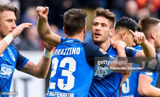 Andrej Kramaric of Hoffenheim celebrates the first goal for his team during the Bundesliga match between TSG 1899 Hoffenheim and SV Darmstadt 98 at...