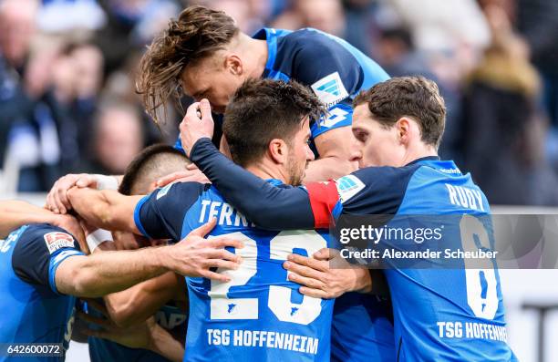 Andrej Kramaric of Hoffenheim celebrates the first goal for his team during the Bundesliga match between TSG 1899 Hoffenheim and SV Darmstadt 98 at...