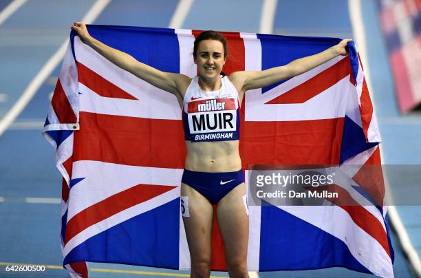 Laura Muir of Great Britain celebrates winning the womens 1000 metres final during the Muller Indoor Grand Prix 2017 at Barclaycard Arena on...