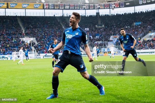 Andrej Kramaric of Hoffenheim celebrates his team's first goal during the Bundesliga match between TSG 1899 Hoffenheim and SV Darmstadt 98 at Wirsol...