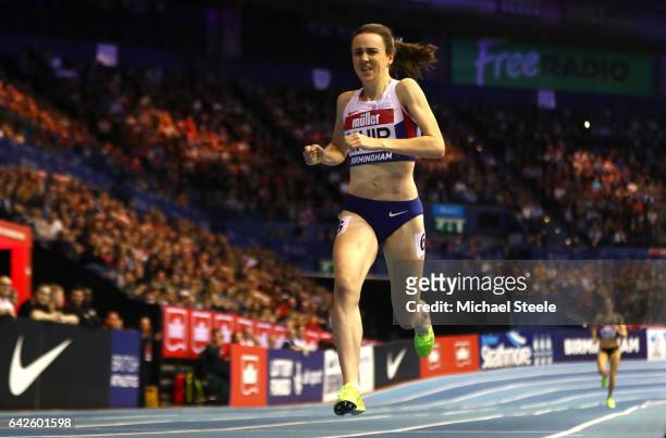 Laura Muir of Great Britain wins the womens 1000 metres final during the Muller Indoor Grand Prix 2017 at Barclaycard Arena on February 18, 2017 in...