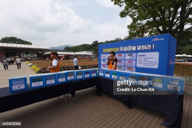 Lucky draw let the racegoers choosing the winner for Korea Cup at the Seoul Racecourse on September 11, 2016 in Seoul, South Korea. It is the first...