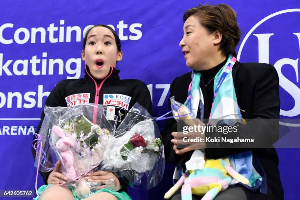 Mai Mihara of Japan reacts at the kiss and cry after the Ladies Free Skating during ISU Four Continents Figure Skating Championships - Gangneung...