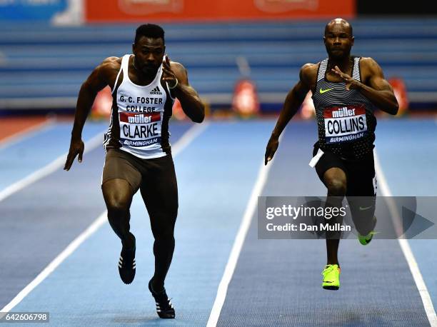 Everton Clarke of Jamaica and Kim Collins of St Kitts and Nevis competes in Mens 60 metres final during the Muller Indoor Grand Prix 2017 at...