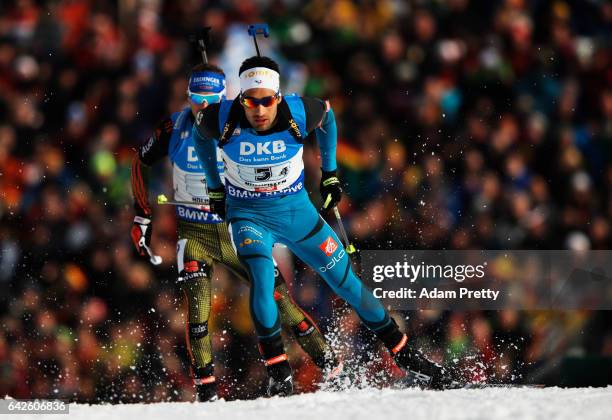 Martin Fourcade of France in action during the Men's 4x 7.5km relay competition of the IBU World Championships Biathlon 2017 at the Biathlon Stadium...