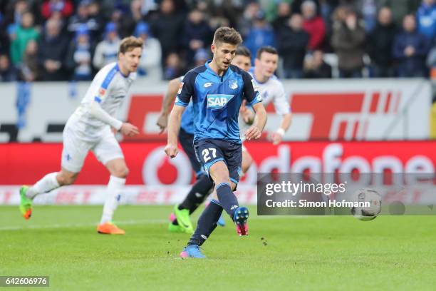 Andrej Kramaric of Hoffenheim scores his team's second goal with a penalty kick during the Bundesliga match between TSG 1899 Hoffenheim and SV...