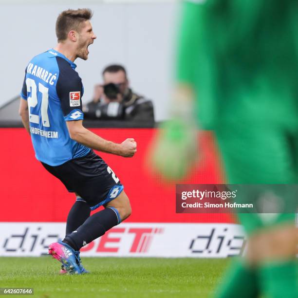 Andrej Kramaric of Hoffenheim celebrates his team's second goal during the Bundesliga match between TSG 1899 Hoffenheim and SV Darmstadt 98 at Wirsol...
