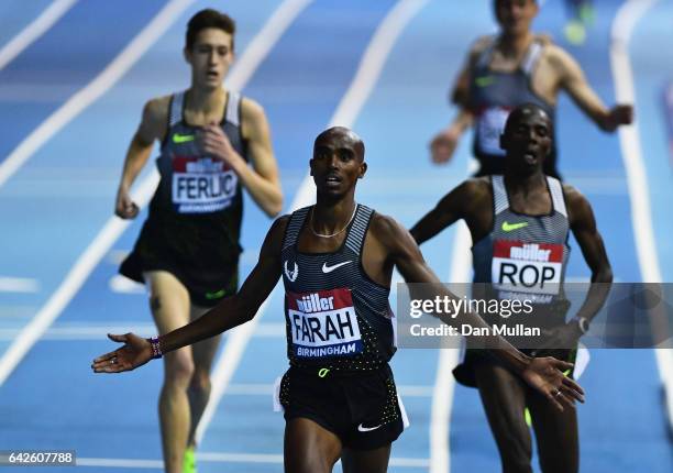 Sir Mo Farah of Great Britain celebrates as he crosses the line to win the Mens 5000 metres final during the Muller Indoor Grand Prix 2017 at...