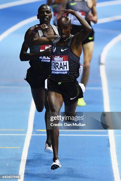 Sir Mo Farah of Great Britain wins the Mens 5000 metres final during the Muller Indoor Grand Prix 2017 at Barclaycard Arena on February 18, 2017 in...