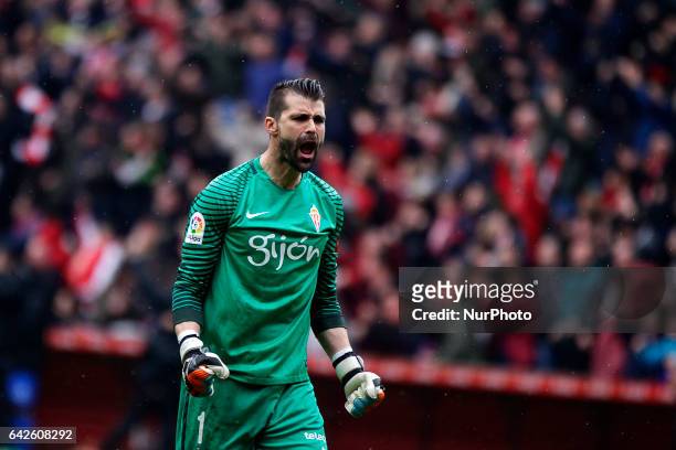 Miguel Angel Moya goalkeeper of Atletico de Madrid reacts after Sporting de gijon score a goal during the La Liga Santander match between Sporting de...
