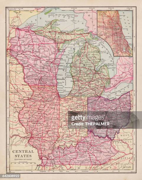 central states map 1898 - michigan v wisconsin stock illustrations