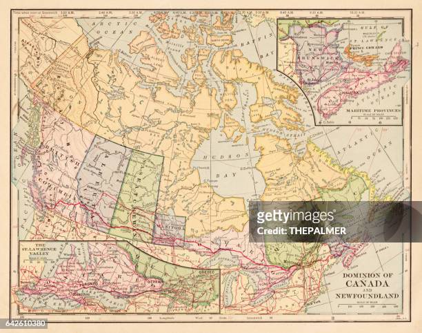 ilustraciones, imágenes clip art, dibujos animados e iconos de stock de mapa de canadá 1898 - canadá